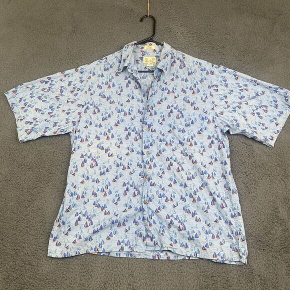 Reyn Spooner Shirt Mens Large Blue AOP Print Nautical Sailboat Cotton Hawaii - Picture 1 of 8